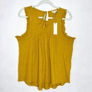 NWT LUCKY BRAND Mustard Yellow Textured Ruffle Sleeve Tassel Tie Back Top Size M